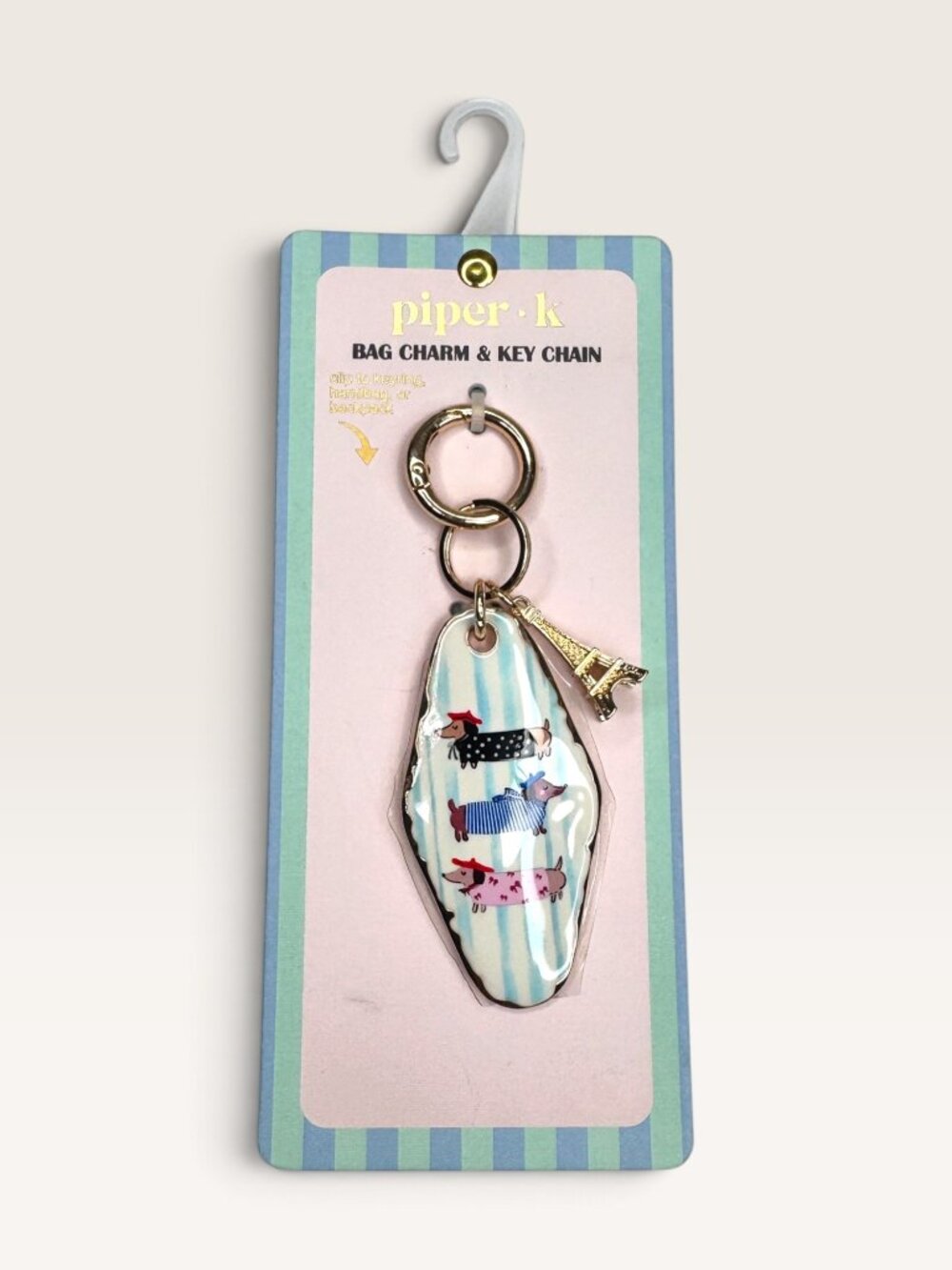 Piper K French Dachshund Eiffel Tower Motel Key Bag Charm Keychain New Blue